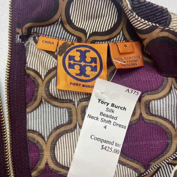 Tory Burch Silk Shift Mini Dress Women's 4 Retro 60s Style 3/4 Sleeve Beaded NWT - Picture 5 of 11
